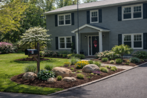 New City home with landscape desingn by Custom Garden Landscaping - beautiful garden, planting and paver walkway