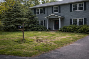 New City front yard with overgreown trees shubs and poor lawn