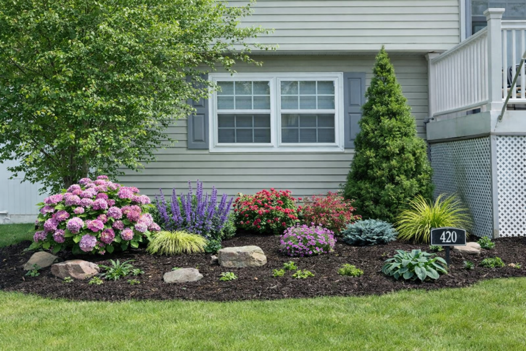 A beautiful Rockland County garden with plants, flowers, shubs, and trees