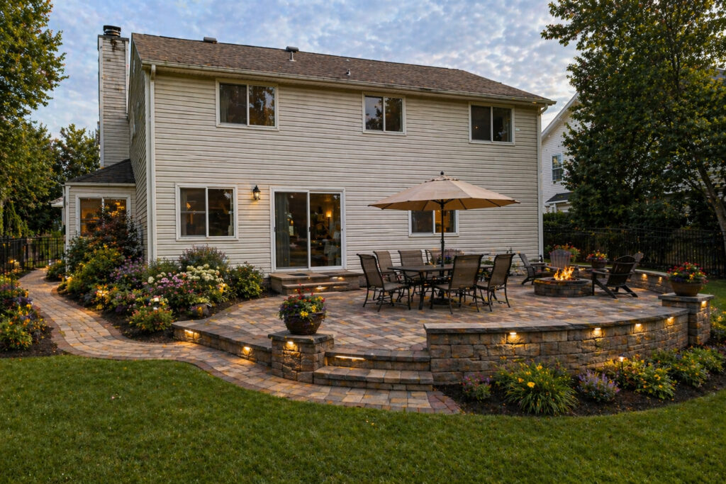 A well designed patio, stairs, and retaining walls turn unsualbe bakyard into additional outdooe lvingng space in Rockland County Ny