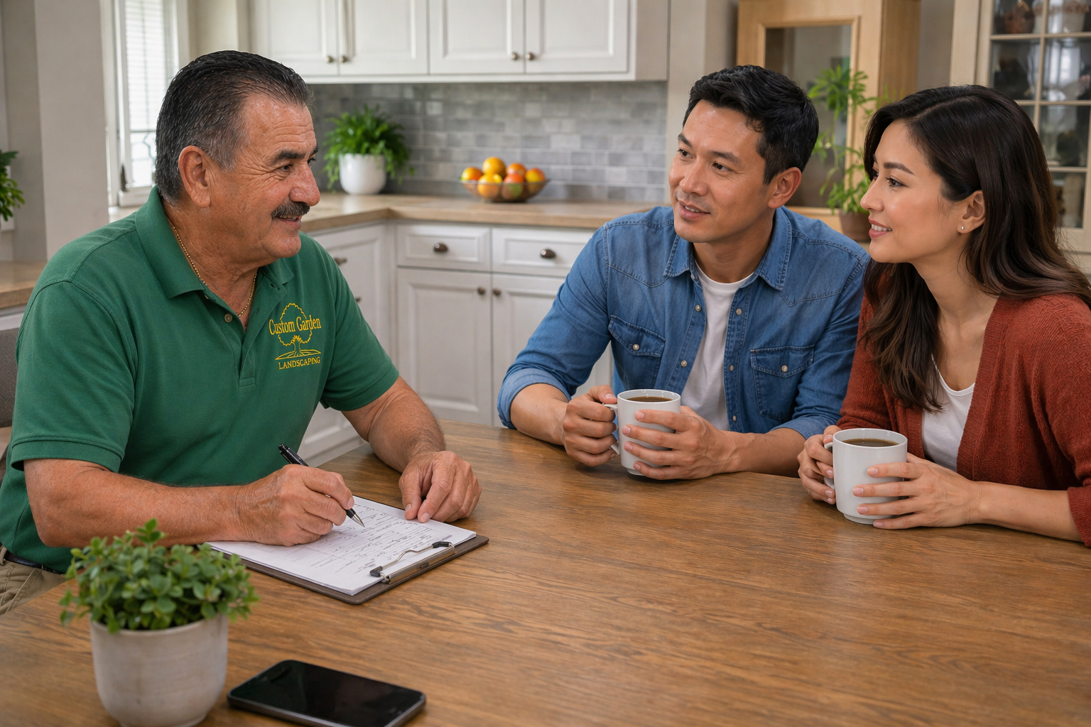 Custom Garden Landscaping consults with rockand homeowners to understand tehir vision of their patio and backyard landscaping project