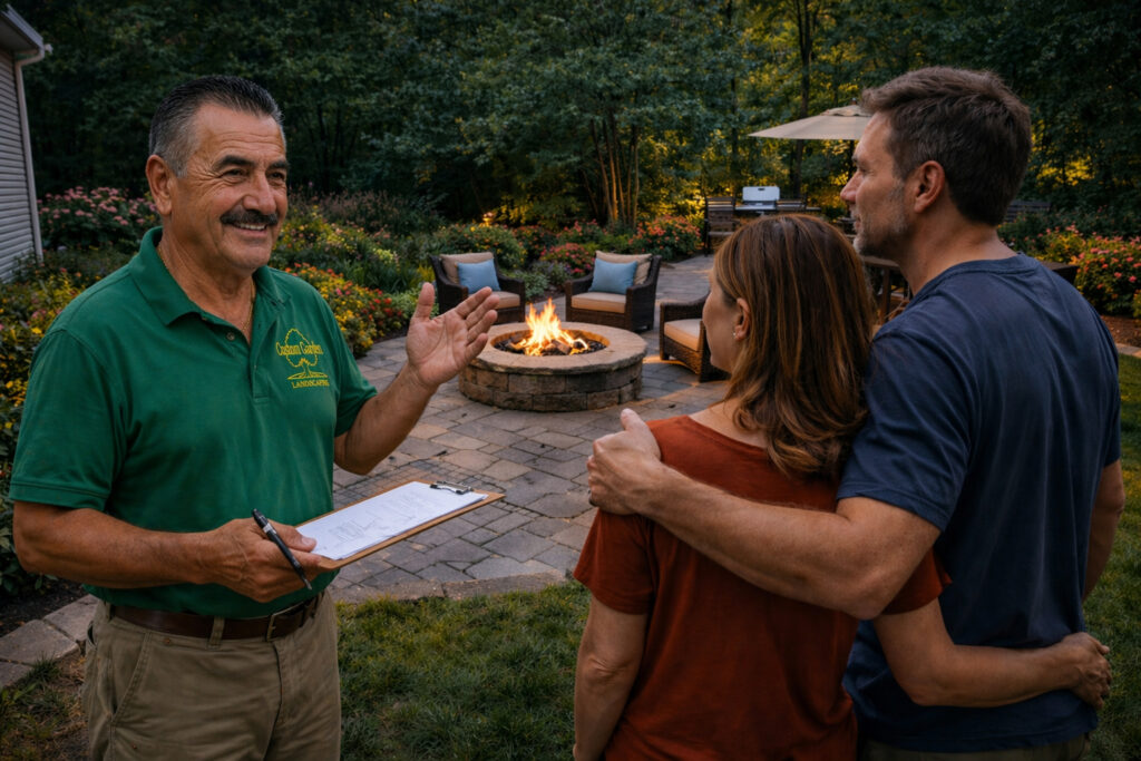 couple meet with Custom Garden Desing for maitenance of the patio, firepit and gardens in Rockland County