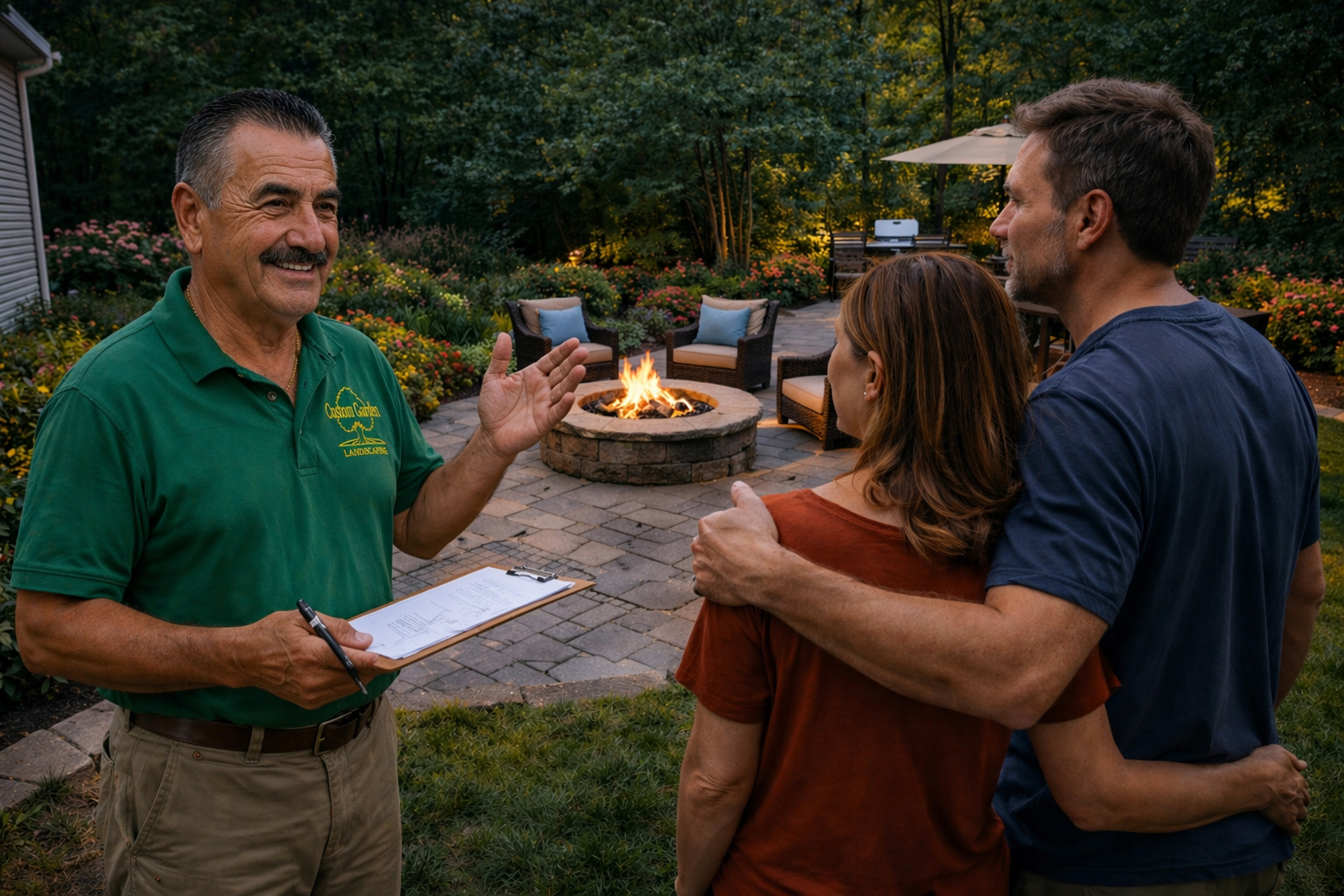 couple meet with Custom Garden Desing for maitenance of the patio, firepit and gardens in Rockland County