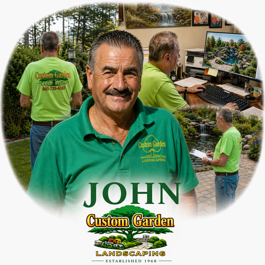 John Belladonna Pres of Custom Garden Landscaping in Rockland County and a collage of service and logo