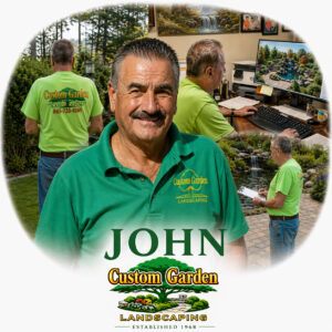 John Belladonna Pres of Custom Garden Landscaping in Rockland County and a collage of service and logo