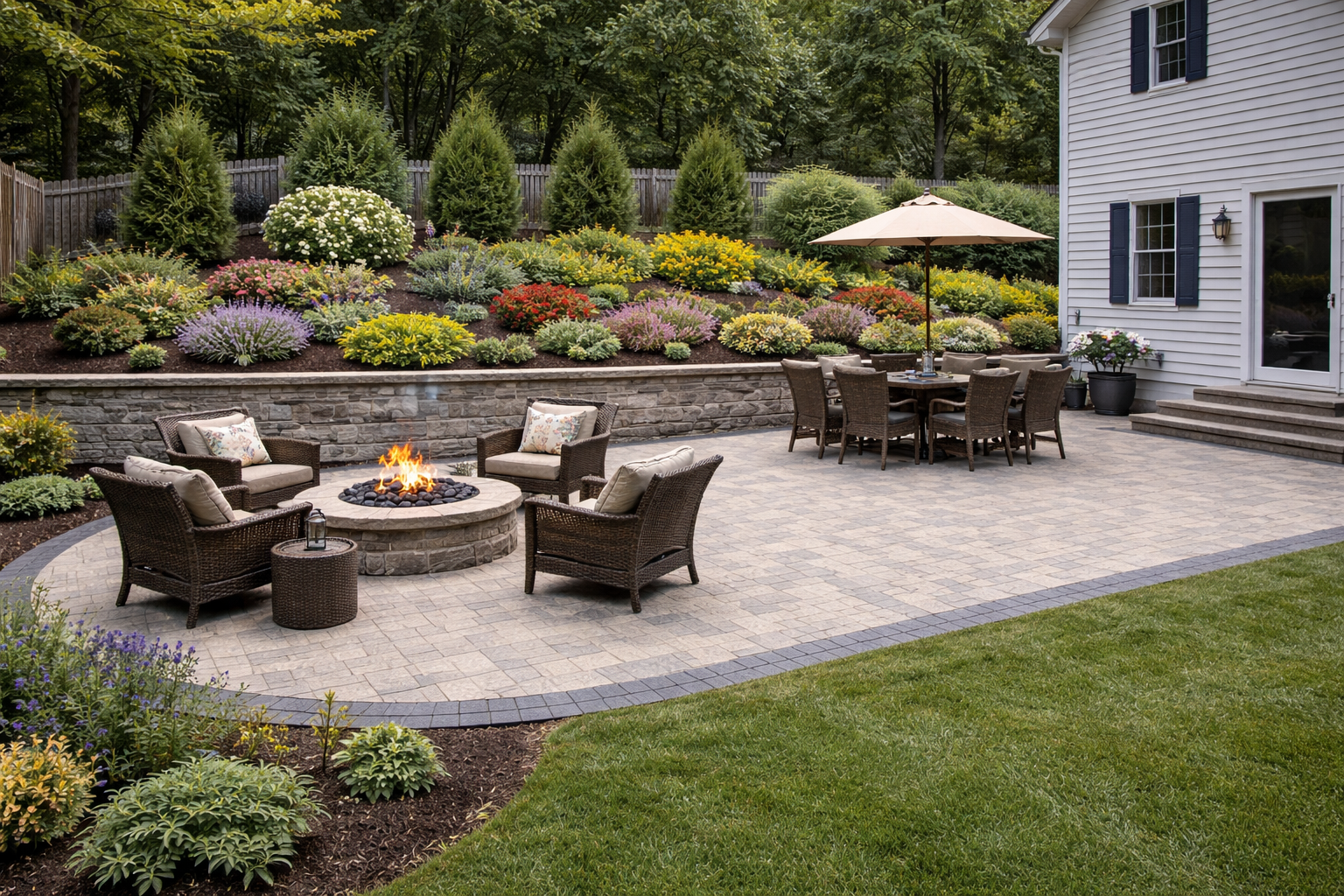Landscape desing in Rockland County - patio fire pit retaining wall andterraced plantings