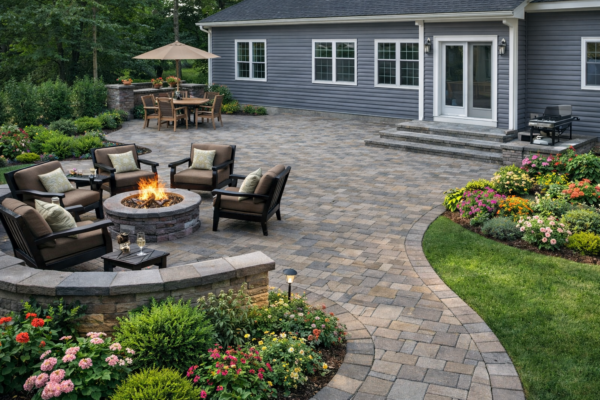 Rockland County hardscaping project - patio, fire pit and walkway