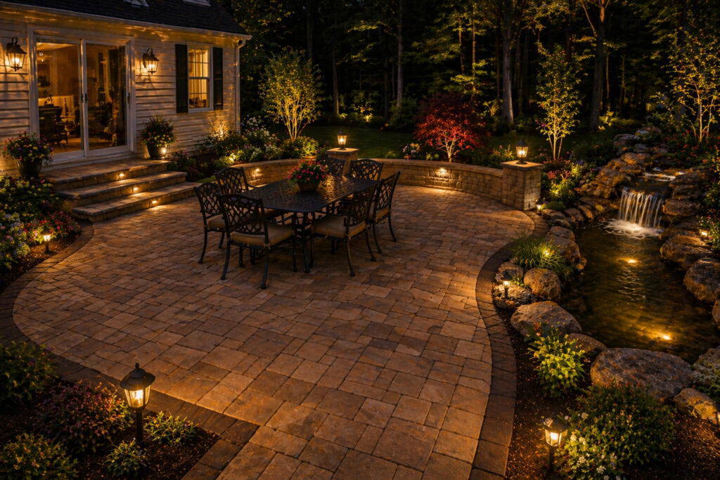 Rockland County paver patio with natural stone waterfall and pond at night with landscape lighting