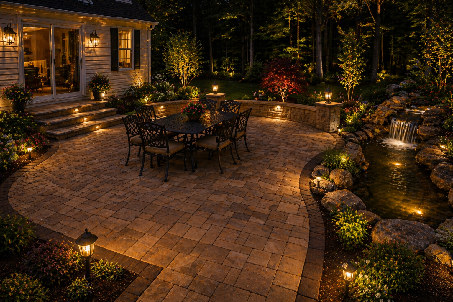Rockland County paver patio with natural stone waterfall and pond at night with landscape lighting