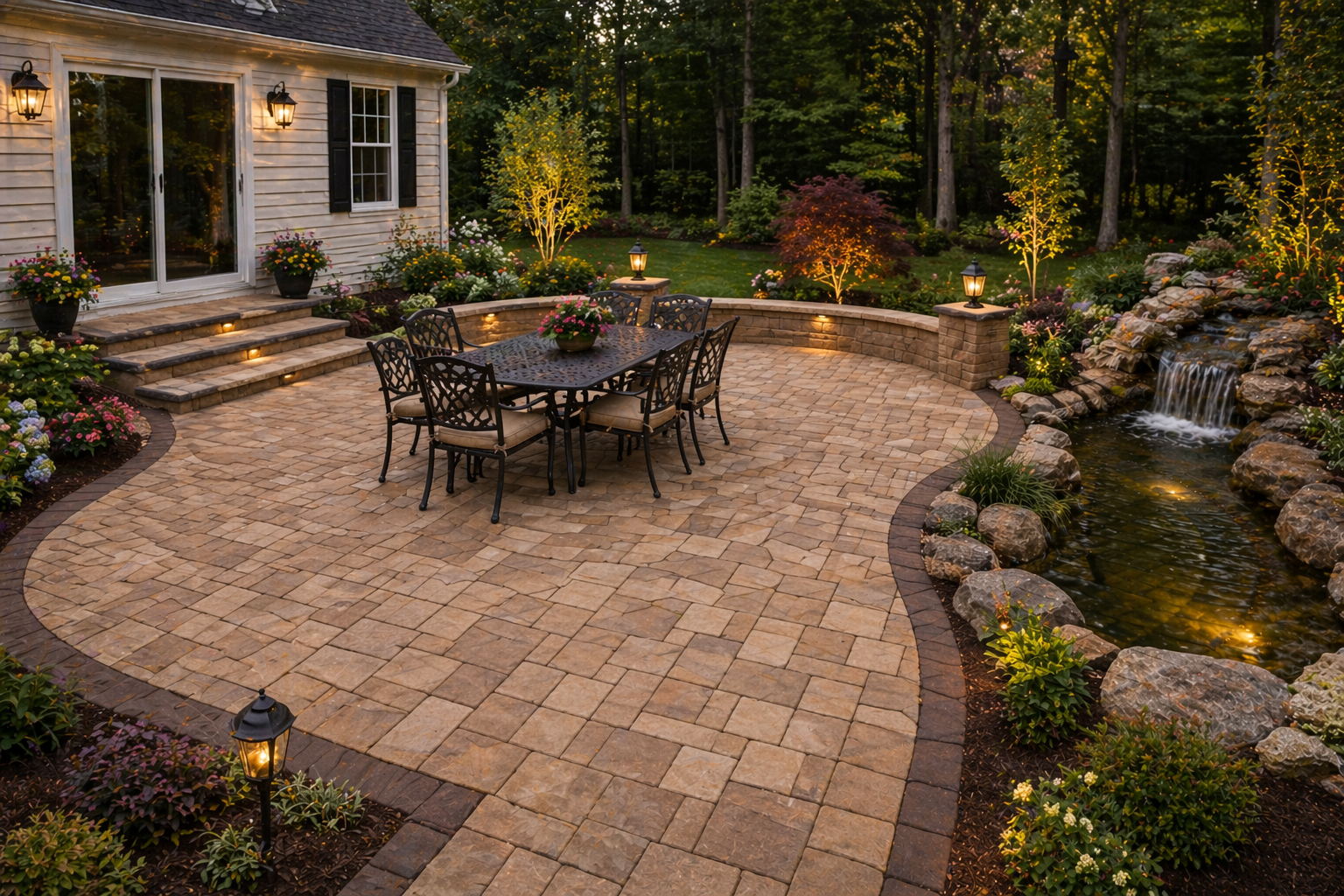 Custom Garden Landscaping blends paver patios with a natural stone waterfall and pond in Rockland County